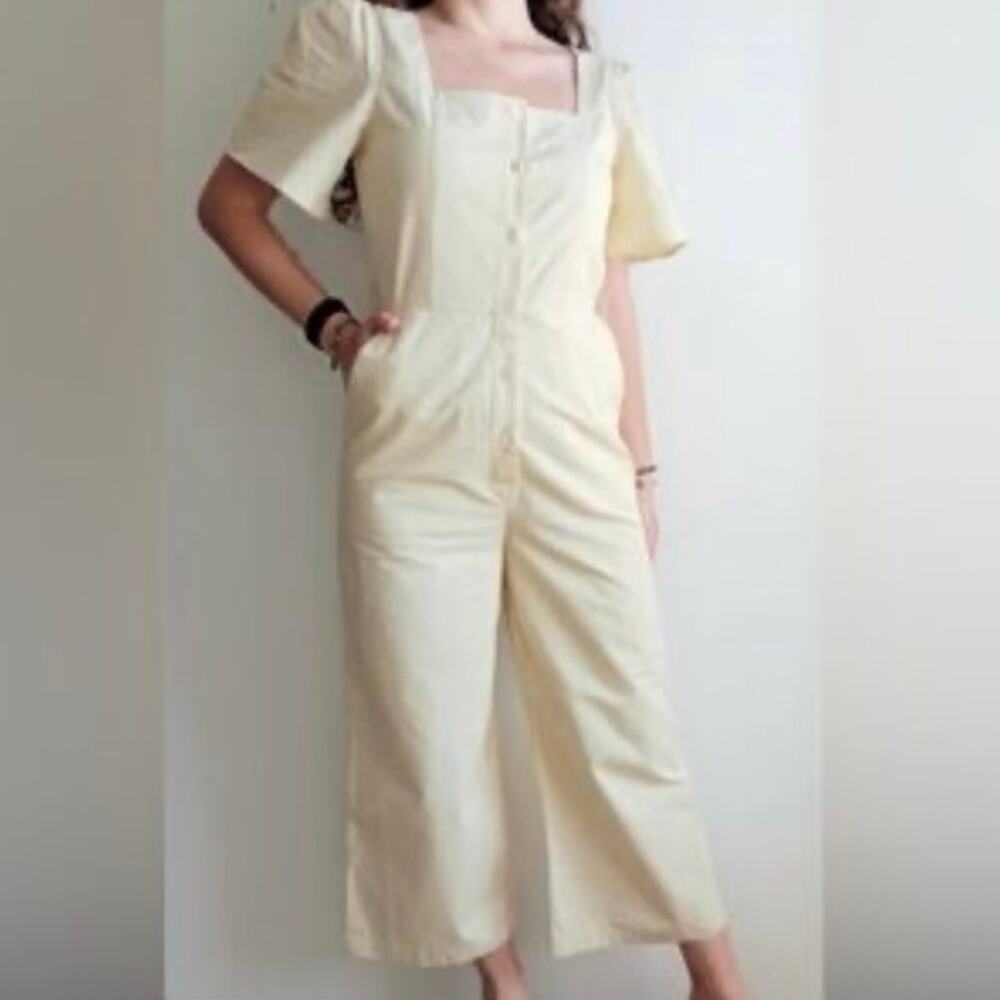 Mango Button‎ Up Belt Jumpsuit Cream Beige Size Medium Square Neck Feminine